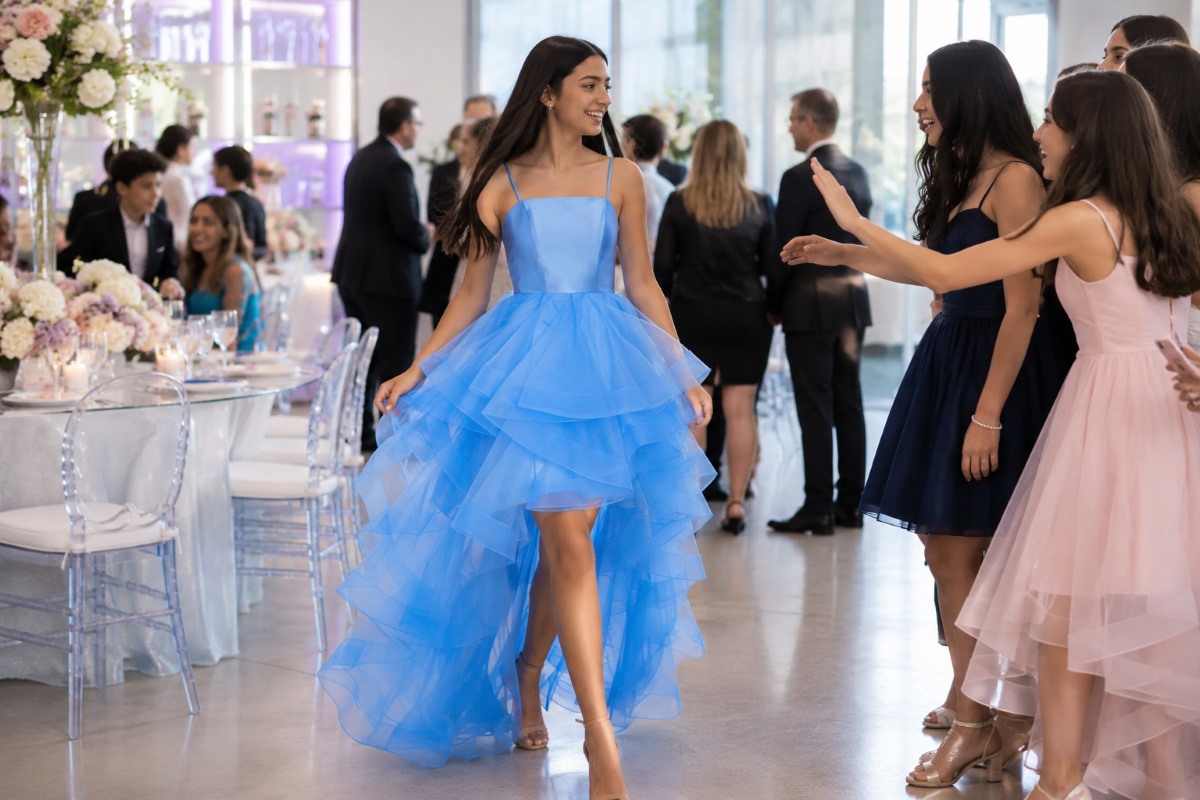 Sky blue bat mitzvah high-low dress
