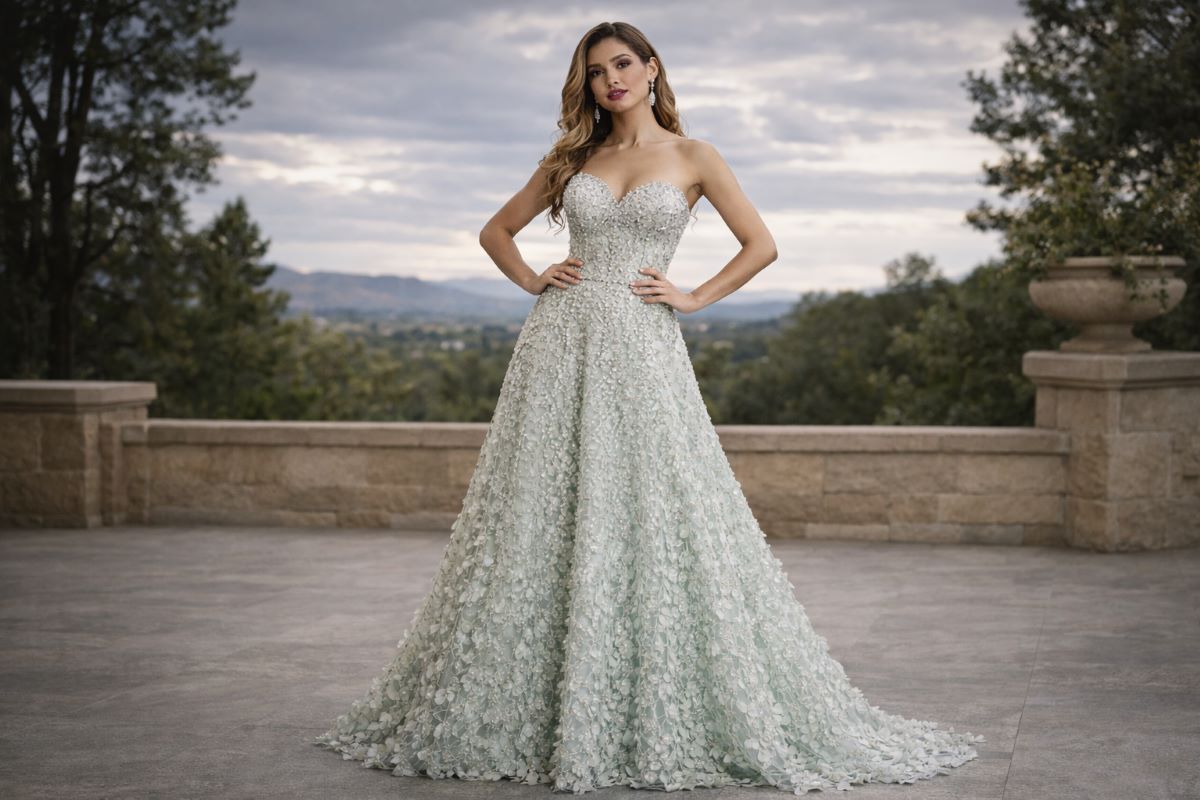 Strapless beaded evening gown with textured fabric