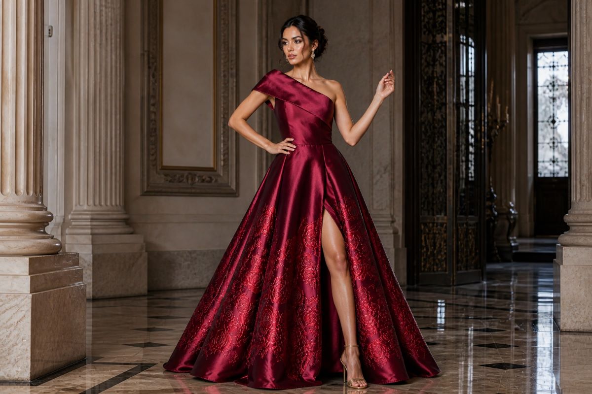 Structured satin gown with one shoulder neckline and full skirt