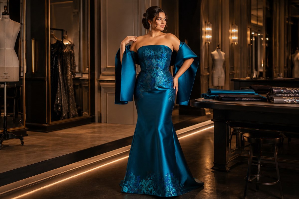 Teal structured satin mother evening gown