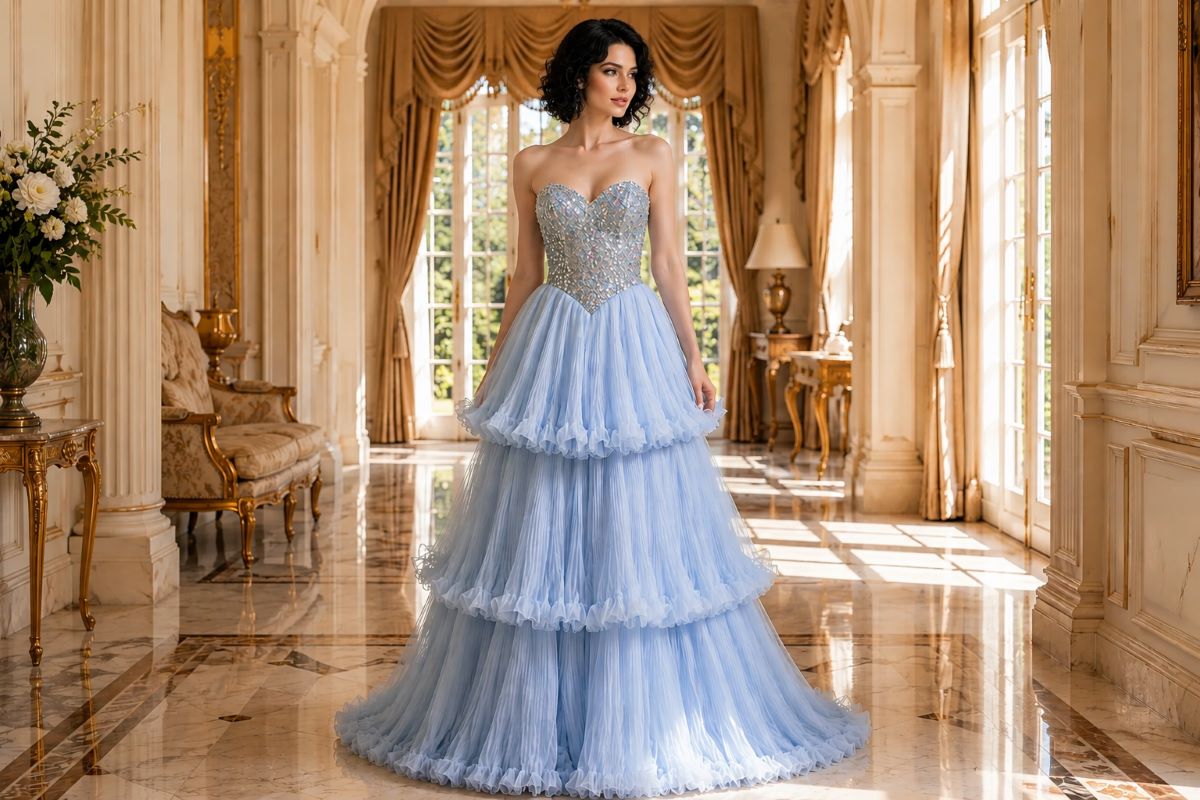 Tiered ball gown with elegant formal hairstyle