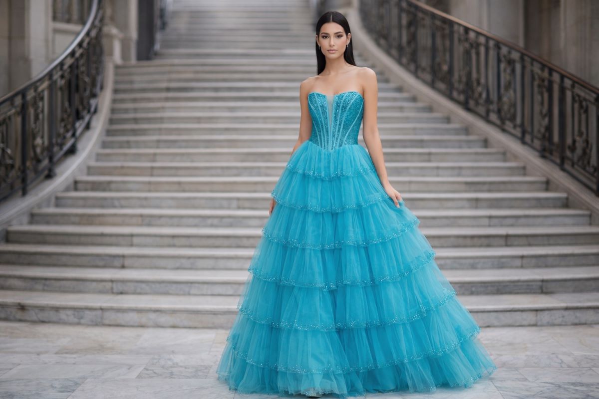 turquoise layered ball gown prom dress on staircase