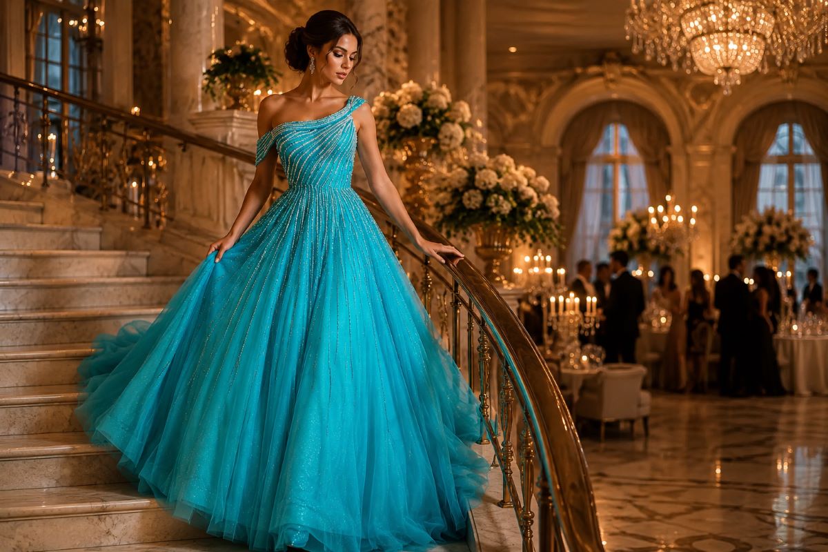 Turquoise ball gown at luxury wedding ballroom reception