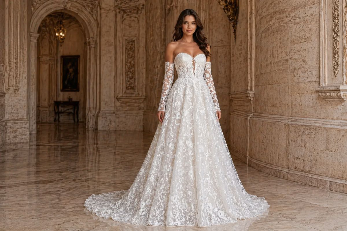 wedding dress with cathedral veil styling