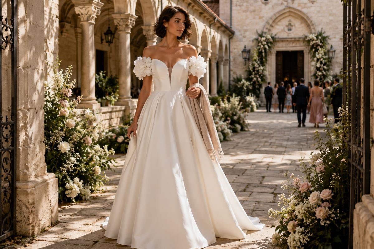 Elegant wedding guest dress with wrap