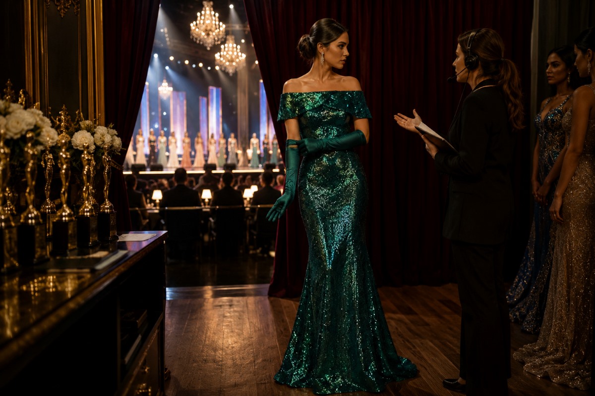 Traditional pageant contestant preparing backstage with opera gloves