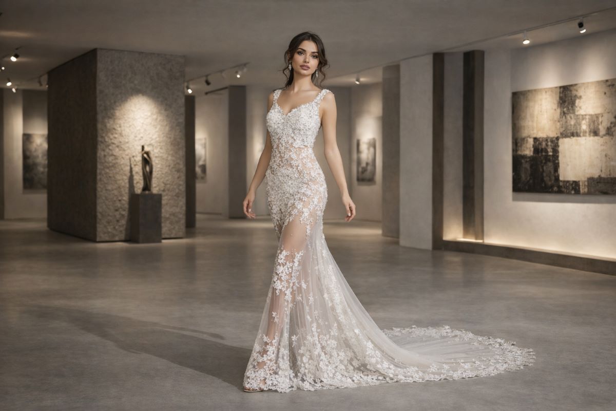 white sheer lace embroidered evening gown