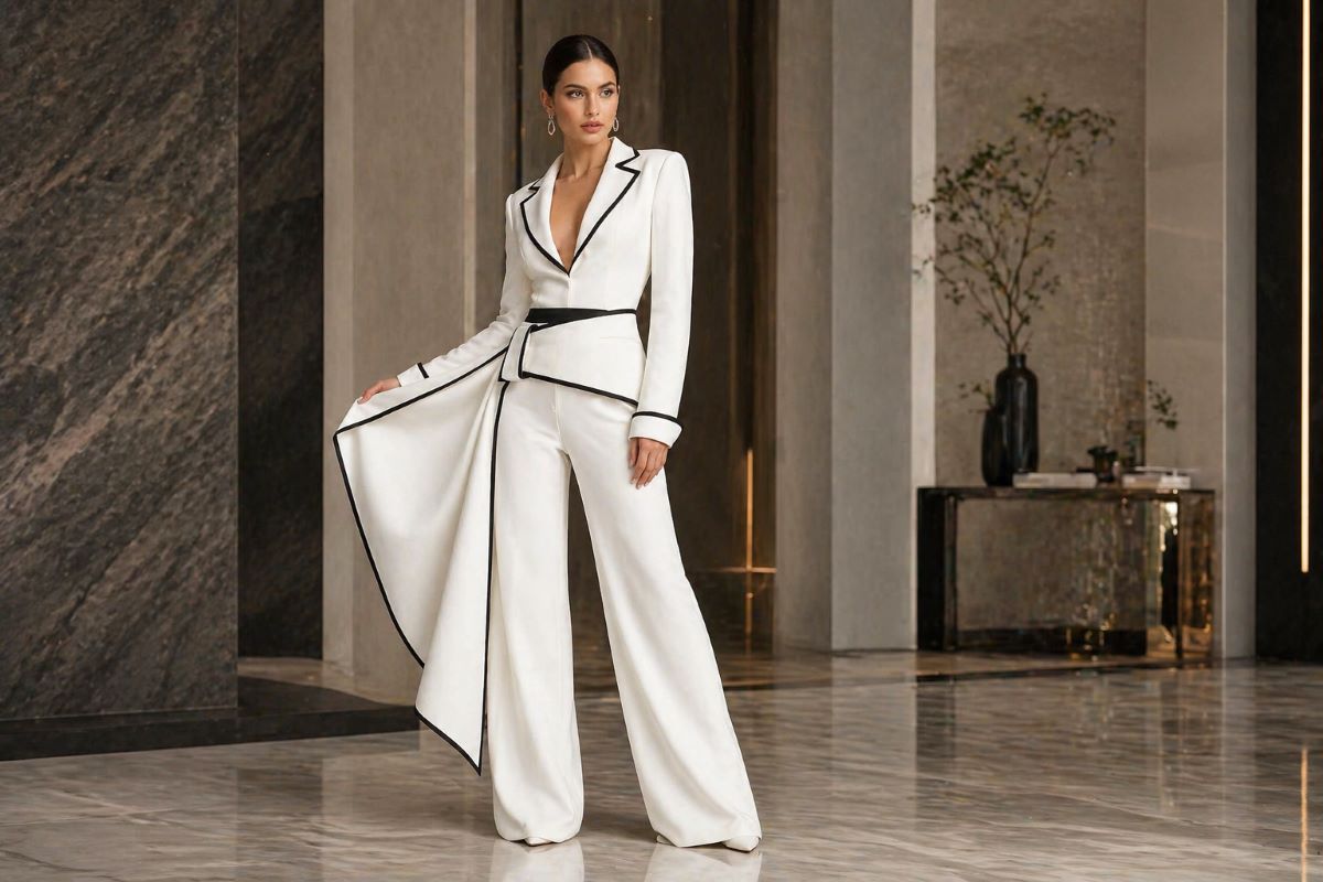 White tailored suit with black piping wide-leg pants full body