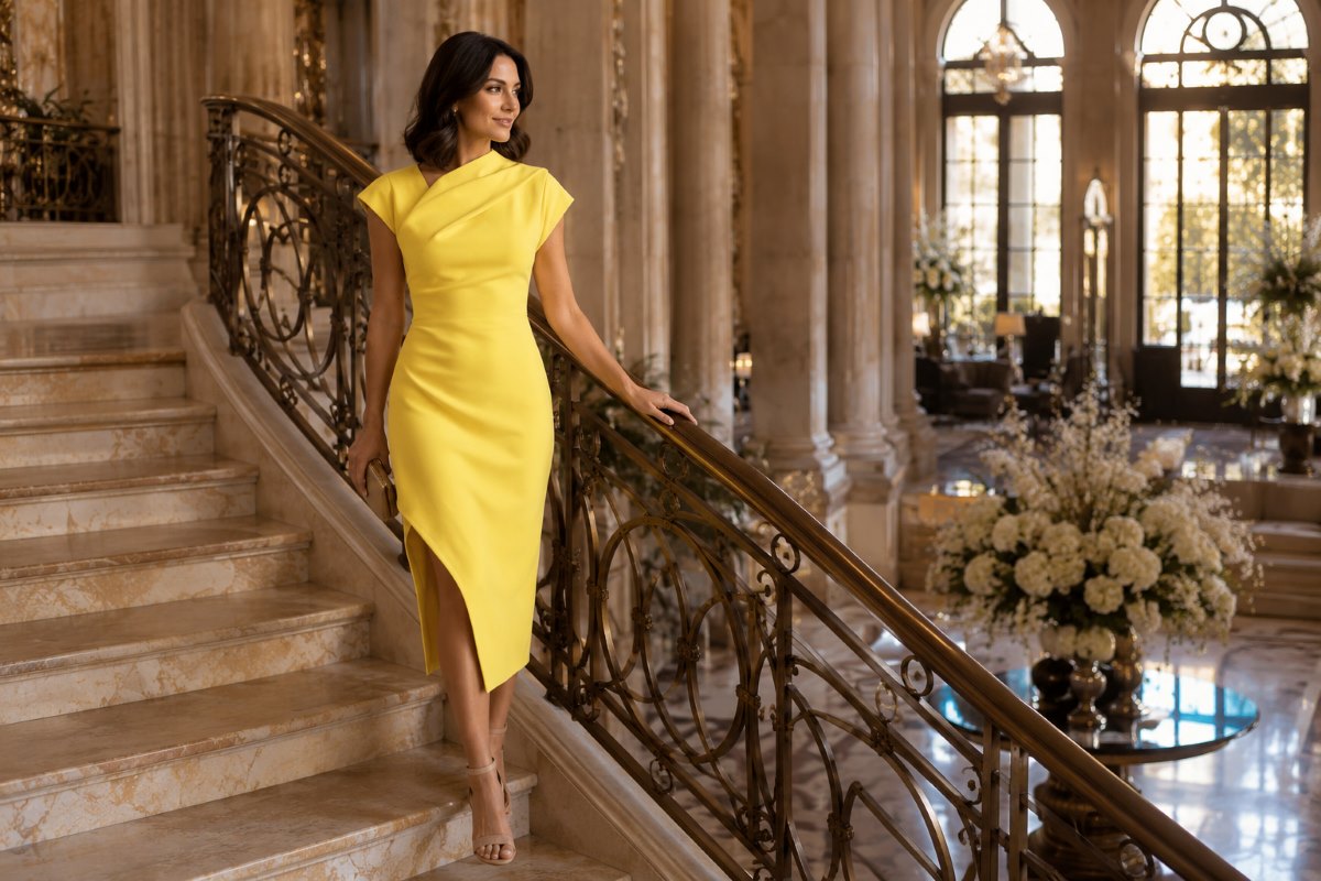 Elegant yellow midi mother of bride dress